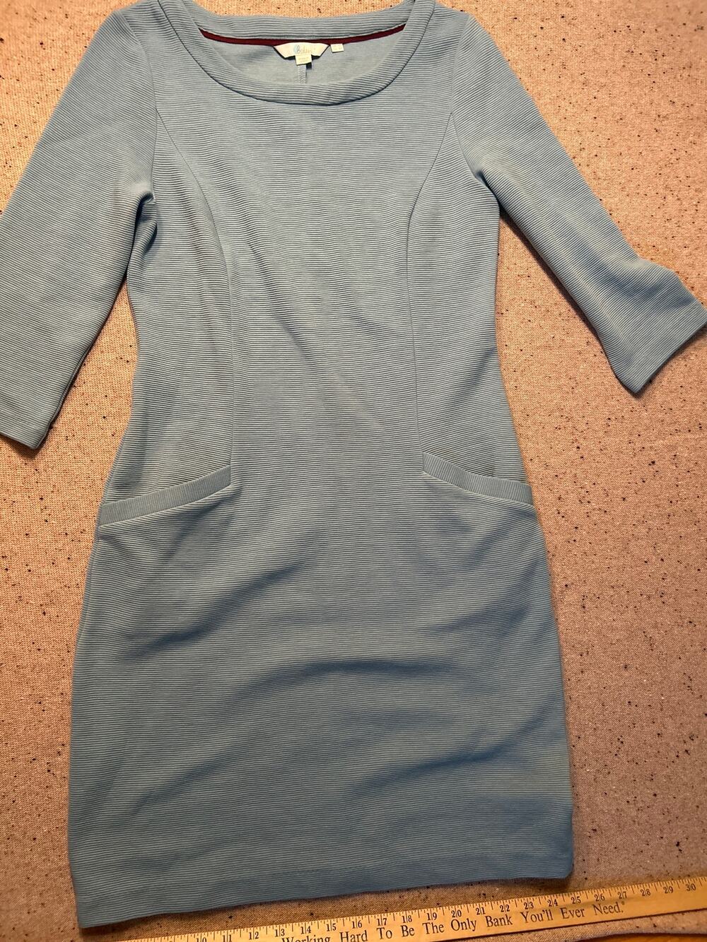 Boden 3/4 Sleeve Textured Knit Dress Blue Pockets 8 Elevated Basic Knee Length